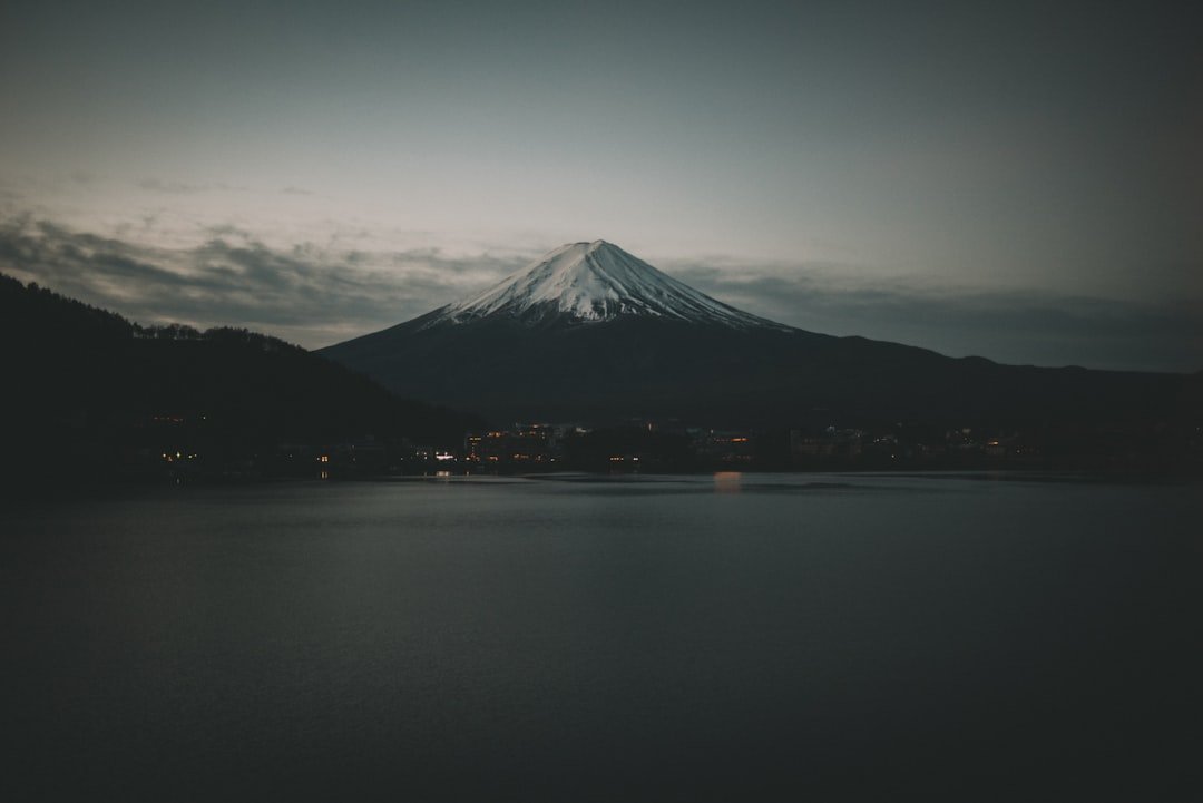 Mount Fuji snow capped above lakes