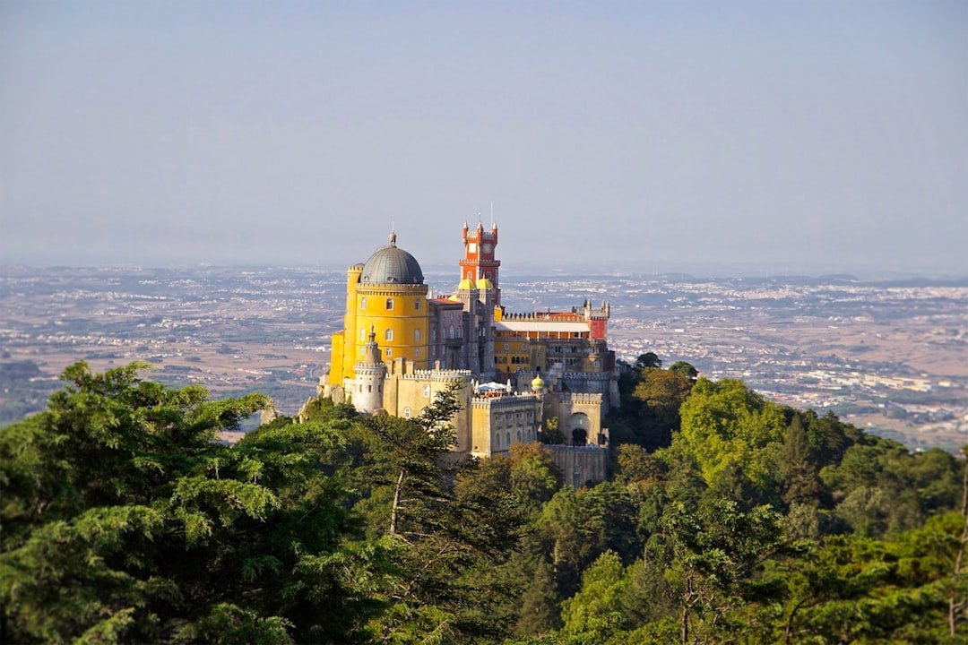Colorful hilltop palace with turrets