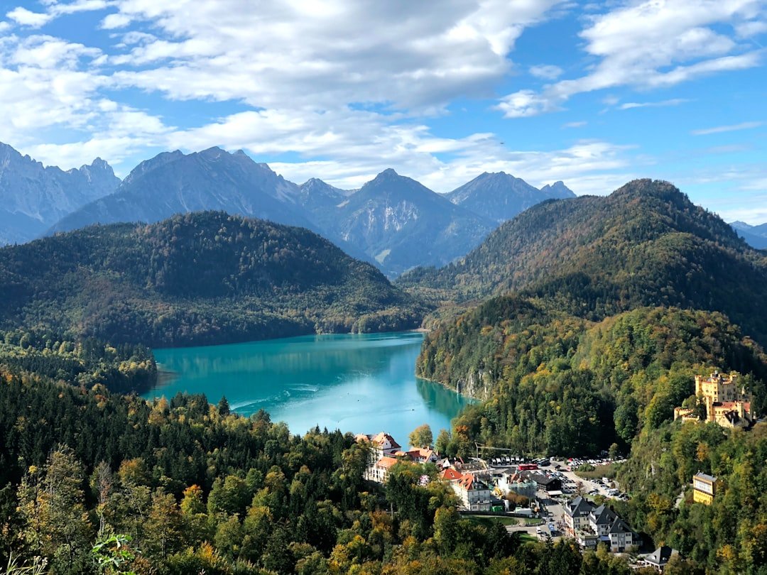 Vivid turquoise lake near forested shore