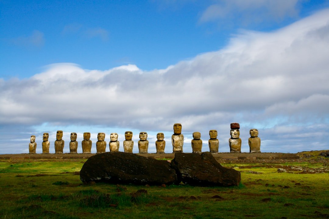 Moai statues on grassy ahu platform