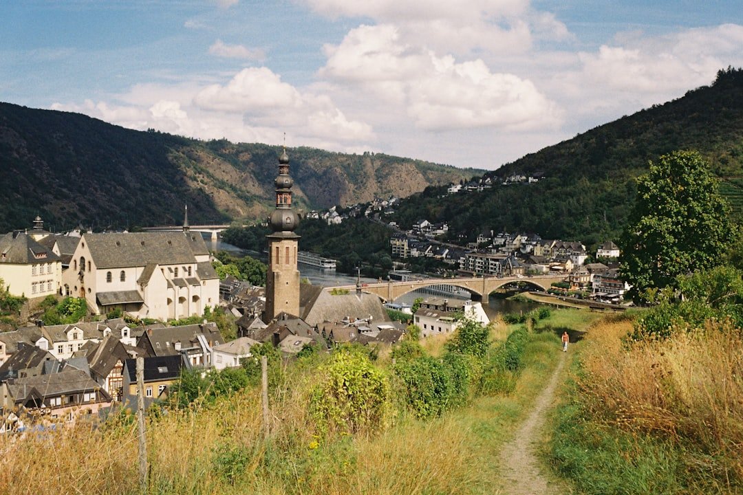 Steep vineyard terraces above river bend