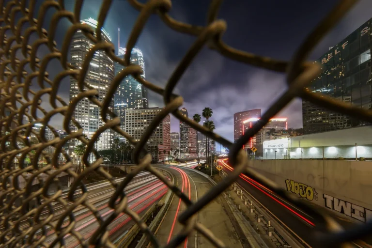 Long exposure night shot of Los Angeles cityscape through a chain-link fence with light trails.