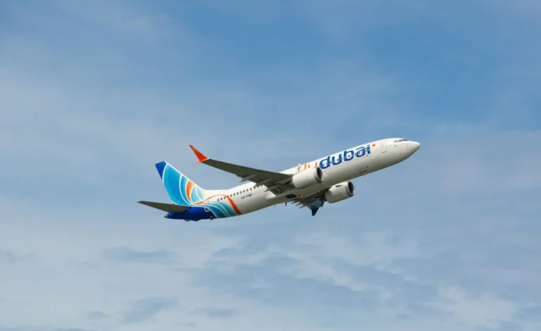 A Flydubai airplane taking off against a blue sky, showcasing modern aviation.