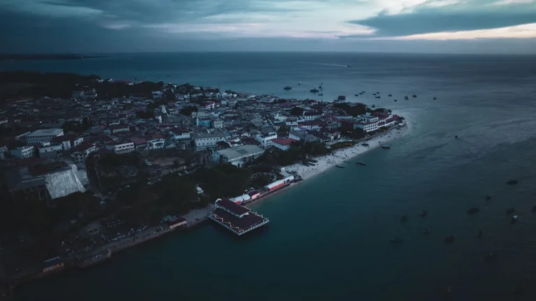 A stunning aerial view of Zanzibar's coastline at twilight, showcasing the city's architecture and ocean.