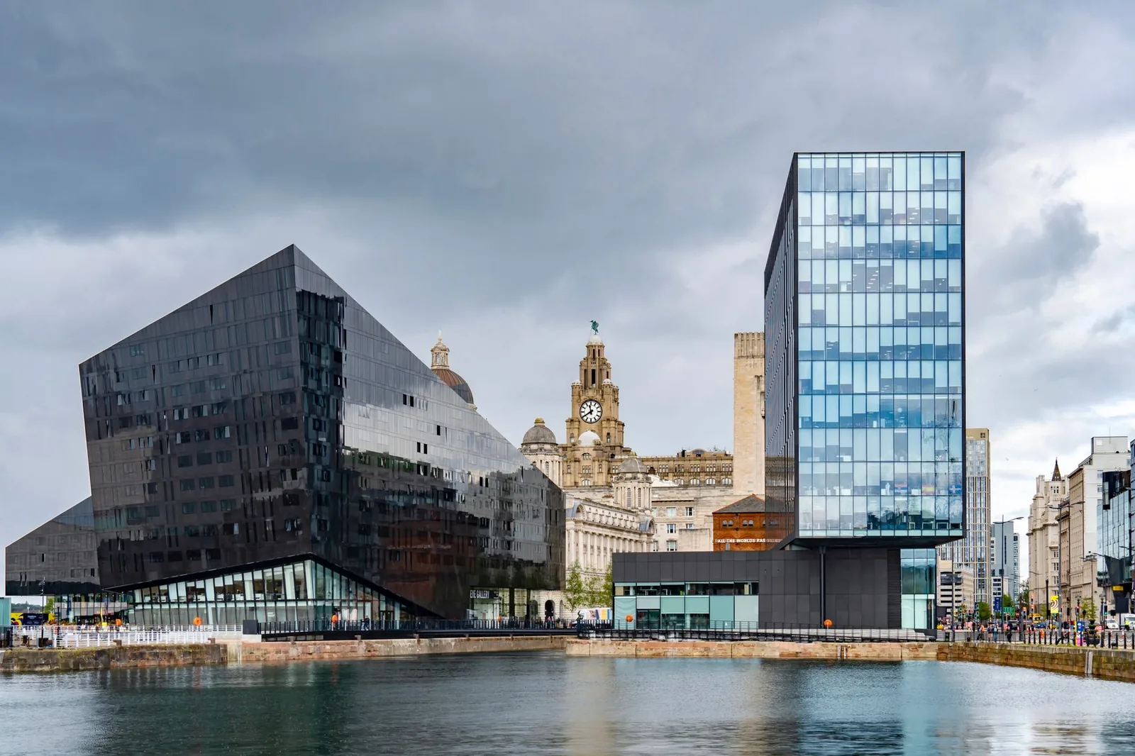 Stunning view of modern and historical architecture at Liverpool waterfront.