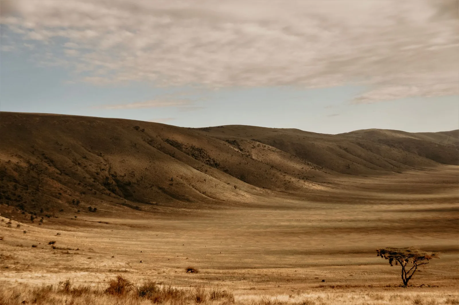 Captivating view of the Ngorongoro Crater's vast landscape at dusk, showcasing timeless beauty and vast horizons.