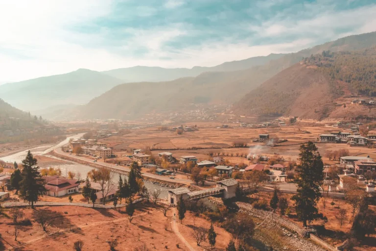 Breathtaking aerial view of a scenic valley in Bhutan, showcasing natural beauty and quaint architecture.
