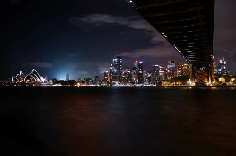 Scenic nighttime view of Sydney Opera House and city skyline under Harbour Bridge.