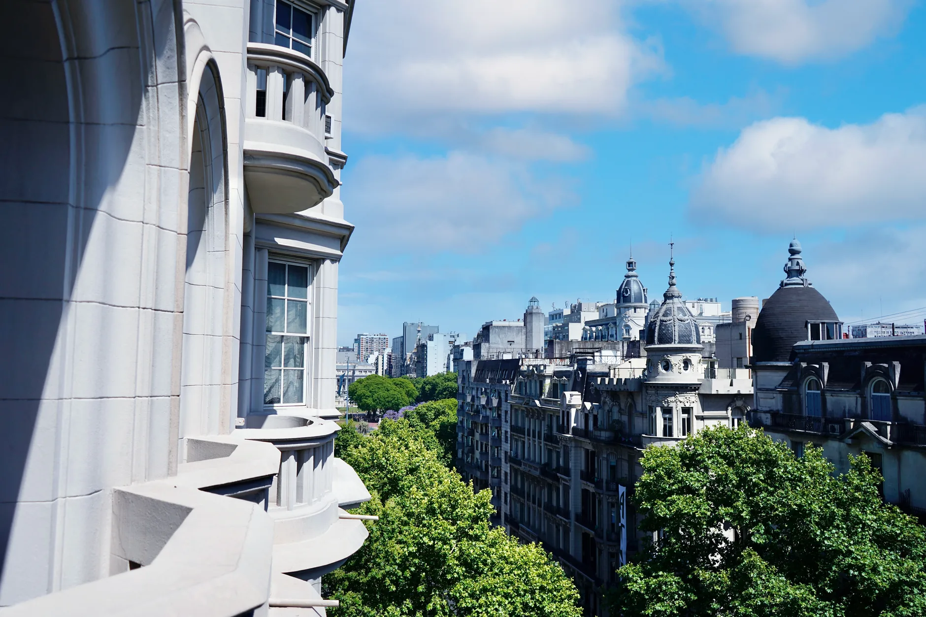 View of historic architecture and skyline in Buenos Aires, Argentina on a sunny day.