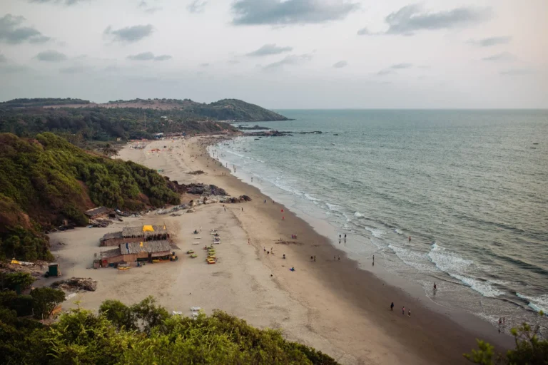 A serene aerial view of Chapora Beach's coastline in Goa, India during the day.